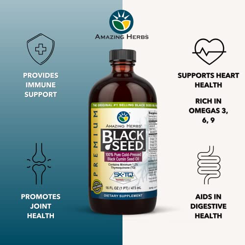 Amazing Herbs Premium Black Seed Oil - Cold Pressed Nigella Sativa Aids in Digestive Health, Immune Support, Brain Function, Joint Mobility, Gluten Free, Non GMO - 16 Fl Oz