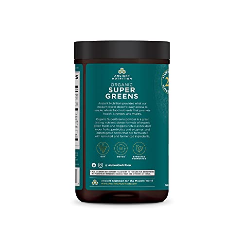 Ancient Nutrition Super Greens Powder, Organic Superfood Powder with Probiotics Made with Spirulina, Chlorella, Matcha, and Digestive Enzymes, 25 Servings, 7.5oz