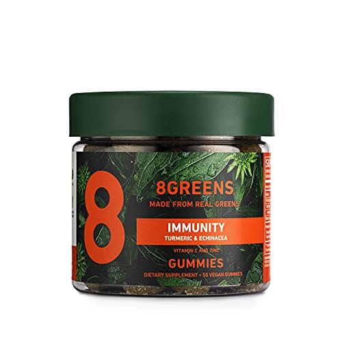 8Greens Immunity Gummies with Turmeric & Echinacea for Immune Support, Made with Real Greens, Vitamin C, Zinc, Superfood Booster - Citrus Flavored, 50 Vegan Gummies