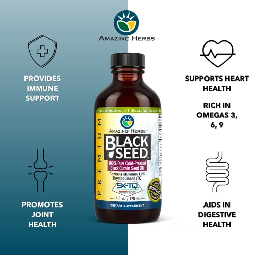 Amazing Herbs Premium Black Seed Oil - Cold Pressed Nigella Sativa Aids in Digestive Health, Immune Support, Brain Function, Joint Mobility, Gluten Free, Non GMO - 4 Fl Oz