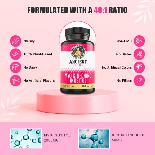 Ancient Bliss Myo & D-Chiro Inositol Supplement, 40 to 1 Ratio, Helps in Ovarian Function Support for Women, Vitamin B8 Helps to Regulate Menstrual Cycle, 2050mg per Serving, 120 Vegan Capsules