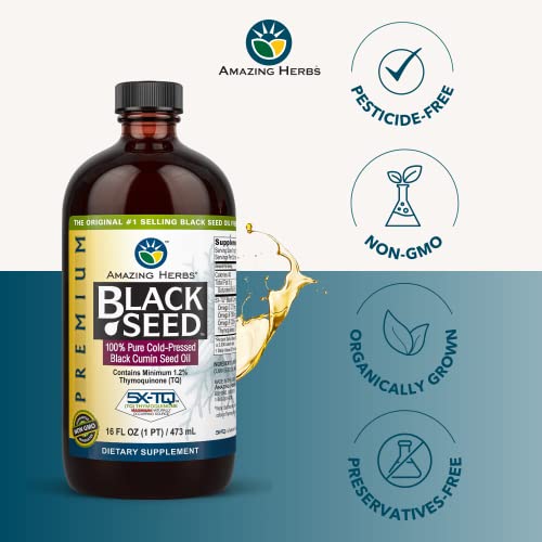 Amazing Herbs Premium Black Seed Oil - Cold Pressed Nigella Sativa Aids in Digestive Health, Immune Support, Brain Function, Joint Mobility, Gluten Free, Non GMO - 16 Fl Oz