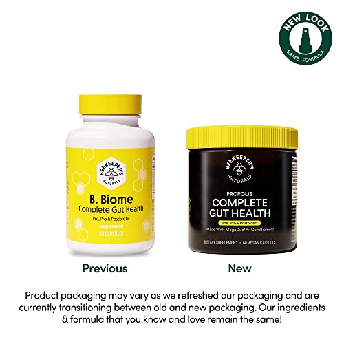 Beekeeper's Naturals Complete Gut Health, 3-in-1 Prebiotic, Postbiotic, Probiotics for Digestive Health & Bloating Relief for Women & Men, Propolis Powered, Gluten-Free Vegan Capsules, 60ct