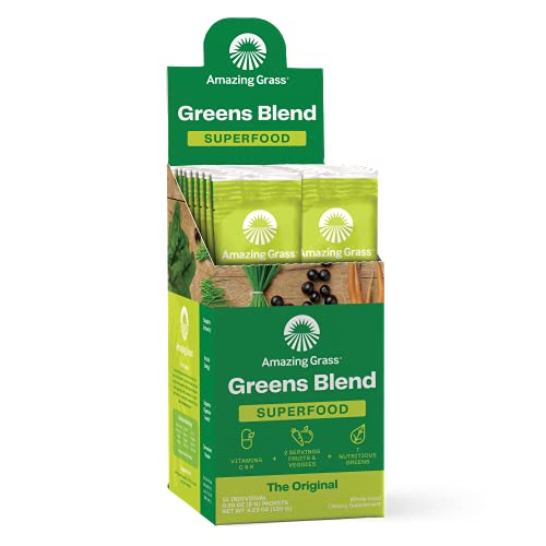 Amazing Grass Greens Blend Superfood: Super Greens Powder Smoothie Mix with Organic Spirulina, Chlorella, Beet Root Powder, Prebiotics & Probiotics, Original, 15 Servings (Packaging May Vary)