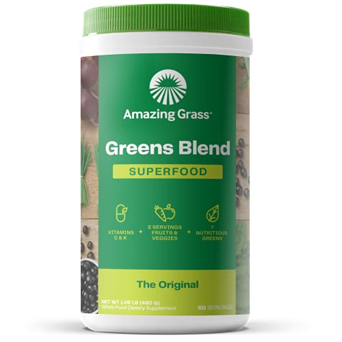 Amazing Grass Greens Blend Superfood: Super Greens Powder Smoothie Mix for Boost Energy ,with Organic Spirulina, Chlorella, Beet Root Powder, Digestive Enzymes & Probiotics, Original, 60 Servings