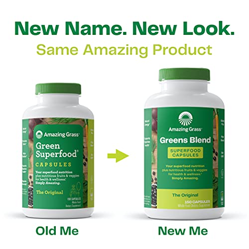 Amazing Grass Greens Blend Superfood Capsules: Super Greens with Organic Spirulina, Chlorella, Beet Root Powder, Digestive Enzymes & Probiotics, 150 Capsules (Packaging May Vary)