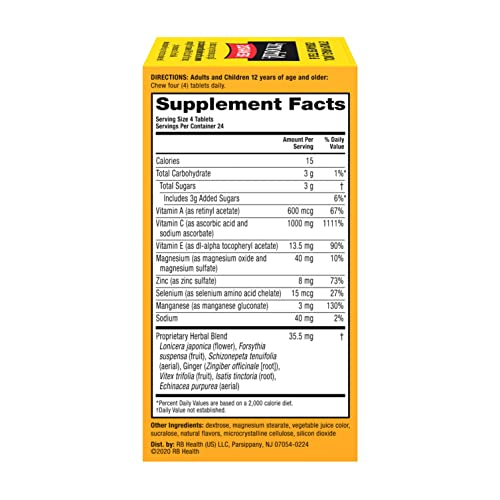 Airborne 1000mg Vitamin C Chewable Tablets with Zinc, Immune Support Supplement with Powerful Antioxidants Vitamins A C & E - 96 Chewable Tablets, Very Berry Flavor