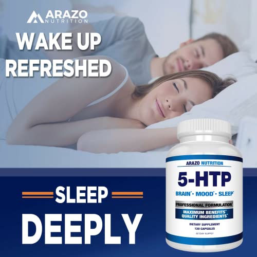 Arazo Nutrition 5-HTP 200 MG Plus Calcium for Mood, Sleep – Supports Calm and Relaxed Mood – 99% High Purity – 120 Capsules