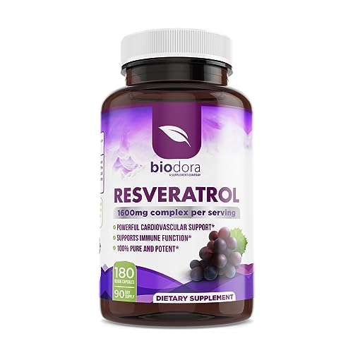 Biodora Resveratrol 1600mg, Trans-Resveratrol Antioxidant Supplement with Green Tea, Grape Seed Extract and Quercetin, Helps to Support Digestive Health and Immune System, 180 Capsules