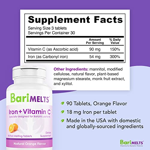 BariMelts Iron with Vitamin C, Dissolvable Bariatric Vitamins for WLS Patients Including Gastric Bypass and Sleeve Gastrectomy, Natural Orange Flavor - 90 Fast Melting Tablets