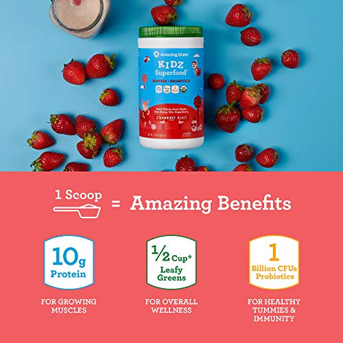 Amazing Grass Kidz Superfood: Vegan Protein & Probiotics for Kids with Beet Root Powder & 1/2 Cup of Leafy Greens, Strawberry Blast, 15 Servings