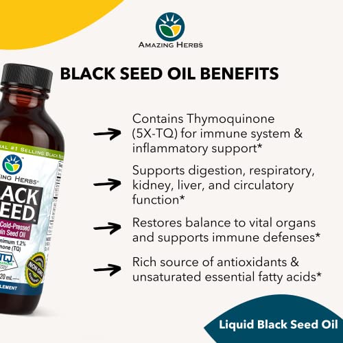 Amazing Herbs Premium Black Seed Oil - Cold Pressed Nigella Sativa Aids in Digestive Health, Immune Support, Brain Function, Joint Mobility, Gluten Free, Non GMO - 4 Fl Oz