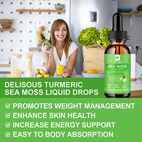 B BEWORTHS Sea Moss Liquid Drops - Organic Irish Sea Moss Gel with Burdock Root, Vitamin C, B12, 3000mg Seamoss Gel Supplement for Immune, Joint & Thyroid, Detox Cleanse & Digestive Support - 2 Fl Oz