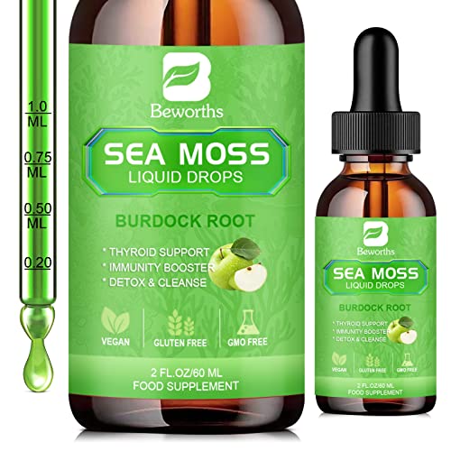 B BEWORTHS Sea Moss Liquid Drops - Organic Irish Sea Moss Gel with Burdock Root, Vitamin C, B12, 3000mg Seamoss Gel Supplement for Immune, Joint & Thyroid, Detox Cleanse & Digestive Support - 2 Fl Oz