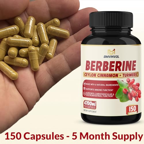 Berberine Supplement Equivalent to 4700mg - 5 Months Supply - High Potency with Ceylon Cinnamon - Supports Immune System, Cardiovascular & Gastrointestinal Function - Berberine HCl Supplement Pills