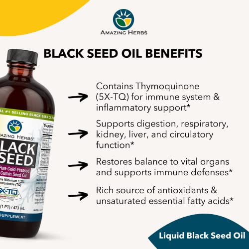 Amazing Herbs Premium Black Seed Oil - Cold Pressed Nigella Sativa Aids in Digestive Health, Immune Support, Brain Function, Joint Mobility, Gluten Free, Non GMO - 16 Fl Oz