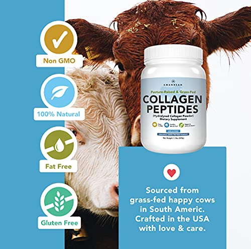 AMANDEAN Collagen Peptides Powder (17.6oz). Grass-Fed Type 1 & 3. Keto Friendly Protein Supplement. Unflavored, Odorless, Cold Water Soluble. Hydrolyzed. Promotes Healthy Joints, Skin, Hair, Nails.