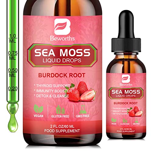 B BEWORTHS Sea Moss Liquid Drops - Organic Irish Sea Moss Gel with Burdock Root Supplement, Seamoss Gel for Immune Support, Joint & Thyroid Support, Detox Cleanse & Digestion Support