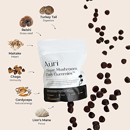 Auri Super Mushroom Gummies - All-in-One Daily Supplement Gummy - 12 Mushroom Blend with Chaga, Lions Mane, Reishi, Cordyceps - Boost Your Immunity, Focus, Energy, Mood - 60 Gummies