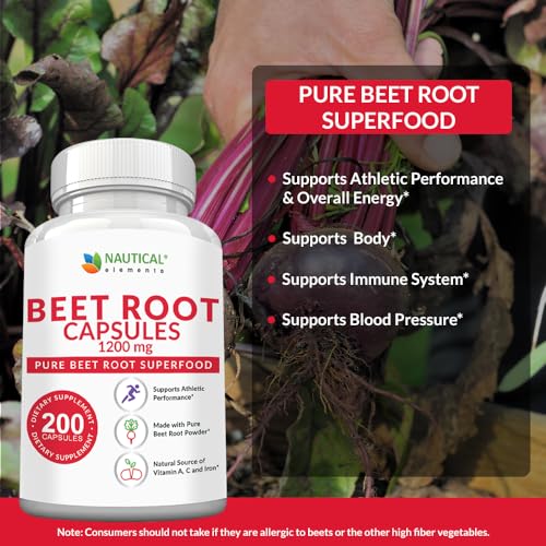 Beet Root Capsules - 1200mg Per Serving - 200 Beet Root Powder Capsules - Beetroot Powder Supports Blood Pressure, Athletic Performance, Digestive, Immune System (Pure, Non-GMO & Gluten Free