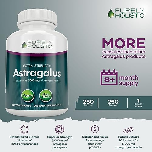 Astragalus Capsules 5,000 mg - 250 Capsules, 8+ Month Supply - Superior Strength Astragalus Root Extract 20:1 - Non GMO, Vegetarian & Vegan Friendly - Supports the Immune System & Cardiovascular