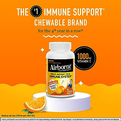 Airborne 1000mg Chewable Tablets with Zinc, Immune Support Supplement with Powerful Antioxidants Vitamins A C & E - 96 Tablets, Citrus Flavor