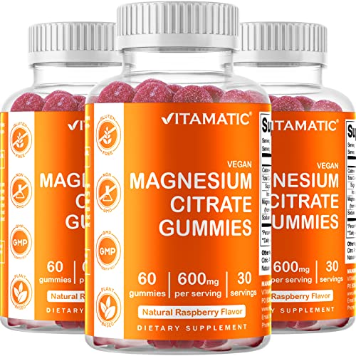 3 Pack - Vitamatic Magnesium Gummies 600mg per Serving - 60 Vegan Gummies - Promotes Healthy Relaxation, Muscle, Bone, & Energy Support