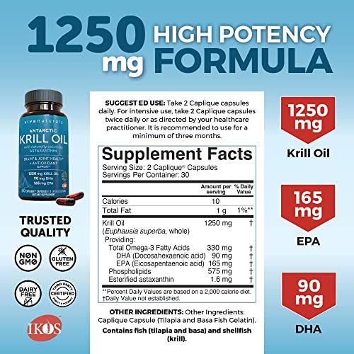 Antarctic Krill Oil Omega 3 Fatty Acid Supplements 1250 mg, High EPA DHA & Astaxanthin Concentration for Brain, Joint Health & Antioxidant Support, No Fish Burps, 60 Omega 3 Krill Oil Supplements