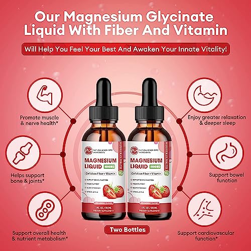 (2 Pack) Magnesium Glycinate Supplement,Magnesium Liquid Drops with Magnesium Glycinate 500mg Fiber 500mg Bromelain Vitamin B,C,D - Promotes Nerve, Bowel, Relaxation Function