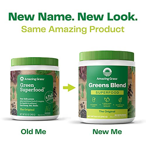 Amazing Grass Greens Blend Superfood: Super Greens Powder Smoothie Mix for Boost Energy ,with Organic Spirulina, Chlorella, Beet Root Powder, Digestive Enzymes & Probiotics, Original, 60 Servings