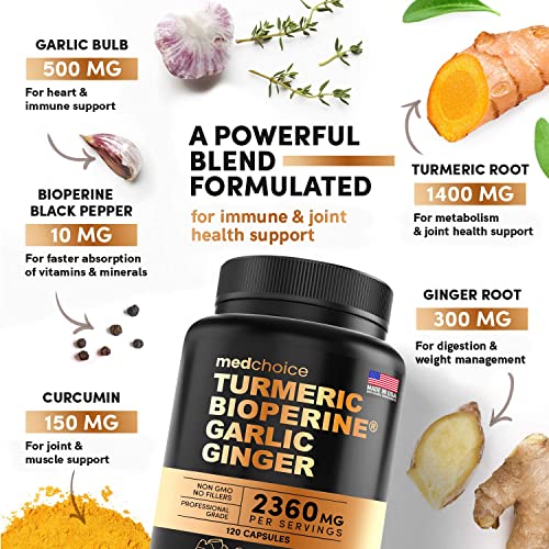 4-in-1 Turmeric and Ginger Supplement with Bioperine 2360 mg (240 ct) Turmeric Ginger Root Capsules with Garlic - Turmeric Curcumin with Black Pepper for Joint, Digestion & Immune Support (Pack of 2)