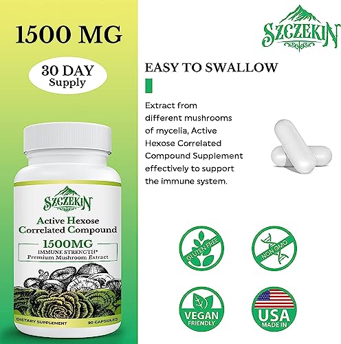 Active Hexose Correlated Compound 1500 mg Supplement, Natural 8 Mushroom Extract Supplement, Immune System, Liver Function, Natural Killer and T Cells Activity, 90 Veggie Capsules