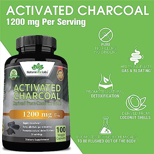 Activated Charcoal Capsules - 1,200 mg Highly Absorbent Helps Alleviate Gas & Bloating Promotes Natural detoxification Derived from Coconut Shells - per Serving - 100 Vegan Capsules