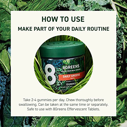 8Greens Daily Greens Gummies - Superfood Booster, Energy & Immune Support, Made with Real Greens, High in Antioxidants, Vitamin C, B12, Folate, Spirulina - Peach Flavored, 50 Vegan Gummies, Pack of 4