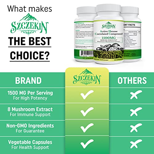 Active Hexose Correlated Compound 1500 mg Supplement, Natural 8 Mushroom Extract Supplement, Immune System, Liver Function, Natural Killer and T Cells Activity, 90 Veggie Capsules