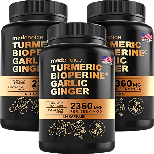 4-in-1 Turmeric and Ginger Supplement with Bioperine 2360 mg (360 ct) Turmeric Ginger Root Capsules with Garlic - Turmeric Curcumin with Black Pepper for Joint, Digestion & Immune Support (Pack of 3)