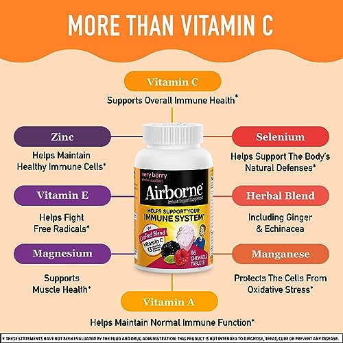 Airborne 1000mg Vitamin C Chewable Tablets with Zinc, Immune Support Supplement with Powerful Antioxidants Vitamins A C & E - 96 Chewable Tablets, Very Berry Flavor