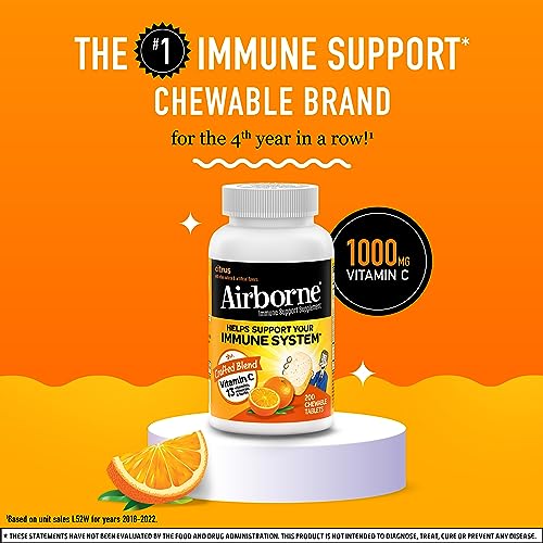 Airborne 1000mg Chewable Tablets with Zinc, Immune Support Supplement with Powerful Antioxidants Vitamins A C & E - 200 Tablets, Citrus Flavor