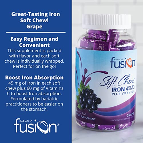 Bariatric Fusion Iron Soft Chew with Vitamin C | Grape Flavored | Chewy Vitamin for Bariatric Patients | Gluten Free | Iron Supplement for Women and Men | 60 Count | 2 Month Supply