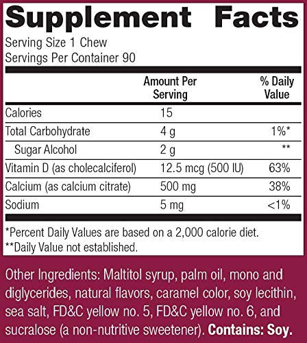 Bariatric Advantage Calcium Citrate Chewy Bites 500mg with Vitamin D3 for Bariatric Surgery Patients Including Gastric Bypass and Sleeve Gastrectomy, Sugar Free - Caramel Flavor, 90 Count