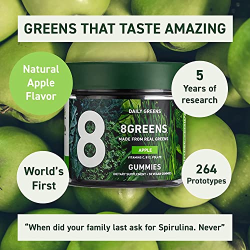 8Greens Daily Greens Gummies - Superfood Booster, Energy & Immune Support, Made with Real Greens, High in Antioxidants, Vitamin C, B12, Folate, Spirulina - Apple Flavored, 50 Vegan Gummies, Pack of 2