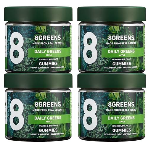 8Greens Daily Greens Gummies - Superfood Booster, Energy & Immune Support, Made with Real Greens, High in Antioxidants, Vitamin C, B12, Folate, Spirulina - Apple Flavored, 50 Vegan Gummies, Pack of 4