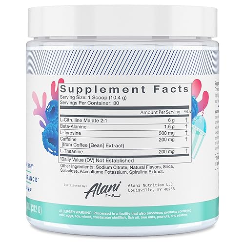 Alani Nu Pre Workout Powder Blue Slush | Amino Energy Boost | Endurance Supplement | Sugar Free | 200mg Caffeine | L-Theanine, Beta-Alanine, Citrulline | 30 Servings