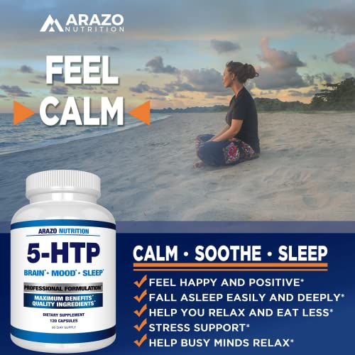 Arazo Nutrition 5-HTP 200 MG Plus Calcium for Mood, Sleep – Supports Calm and Relaxed Mood – 99% High Purity – 120 Capsules