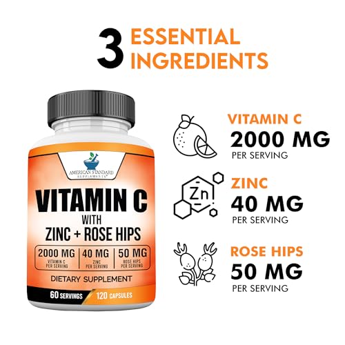 American Standard Supplements Vitamin C 2000mg, Zinc 40mg, and Rose Hips 50mg Per Serving – Vegan, Gluten Free, Non-GMO, 120 Capsules, 60 Servings