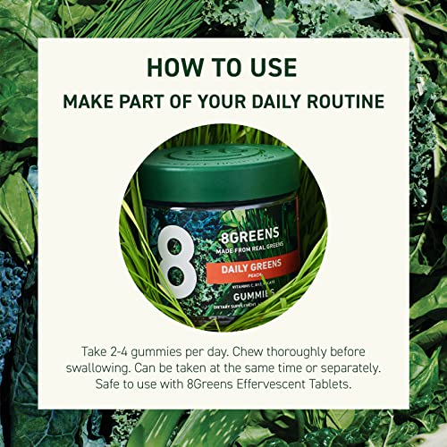 8Greens Daily Greens Gummies - Superfood Booster, Energy & Immune Support, Made with Real Greens, High in Antioxidants, Vitamin C, B12, Folate, Spirulina, Peach Flavored, 50 Vegan Gummies