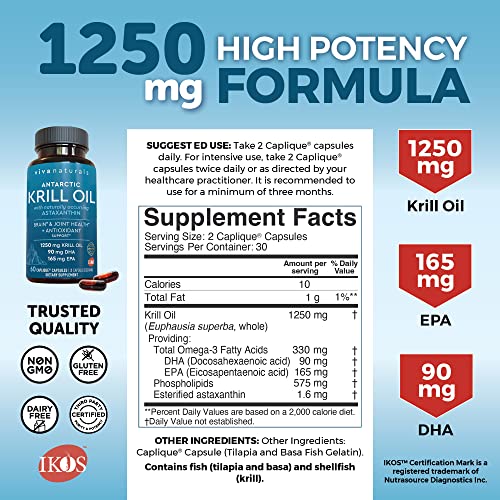 Antarctic Krill Oil 1250 mg, Omega 3 EPA DHA and Astaxanthin, Joint Support and Brain Supplement with Antioxidant Properties, No Fishy Aftertaste (6 Pack)