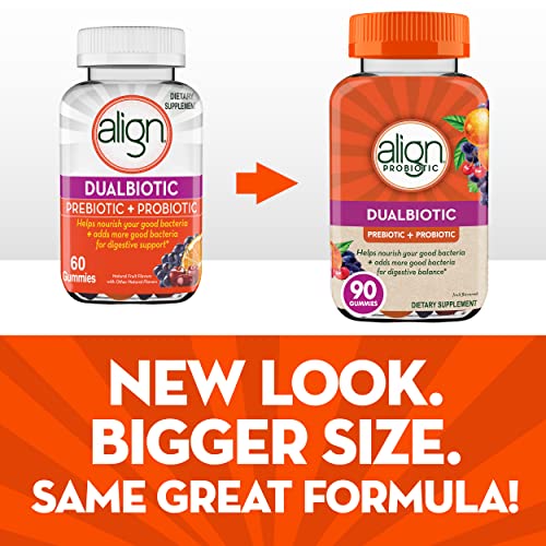 Align DualBiotic, Prebiotic + Probiotic for Women and Men, Help Nourish and Add Good Bacteria for Digestive Support, Natural Fruit Flavors, 90 Gummies