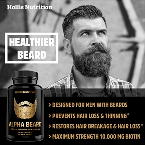 ALPHA BEARD Growth Vitamins | Biotin 10K MCG, OptiMSM®, goMCT®, BioPerine®, Collagen | Beard and Hair Growth Supplement for Men | Regrow Stronger, Thicker, Healthier Facial Hair - for All Hair Types