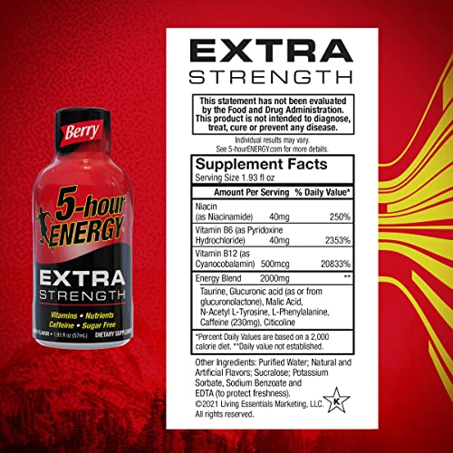 5-hour ENERGY Extra Strength Energy Shot | Berry Flavor | 1.93 oz. | 24 Count | Sugar-Free & Zero Calories | B-Vitamins & Amino Acids | 230mg Caffeinated Energy Shot | Dietary Supplement